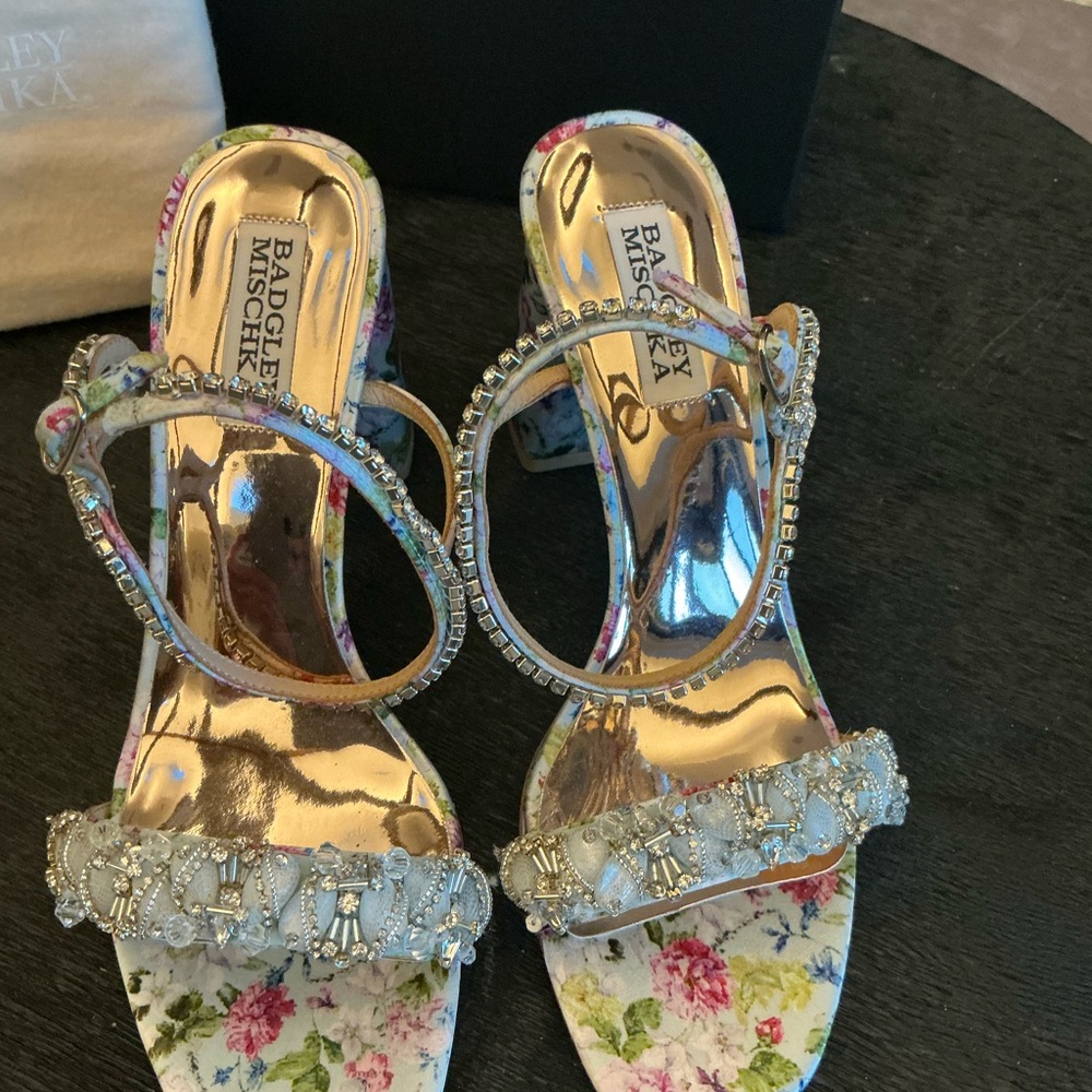 Badgley Mischka Floral Embellished Block Heel Sandals in White and Pastel Multi - Picture 6 of 8